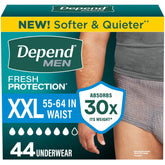 Depend paquete frontal mostrando 44 unidades y beneficio de protección