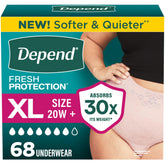 Depend empaque frontal rosa mostrando 68 unidades y beneficio de absorción