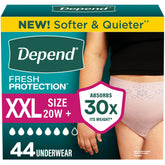 Depend empaque frontal rosa mostrando 44 bragas, protección discreta