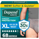 Depend paquete frontal mostrando 68 unidades y beneficio de discreción