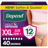 Depend front packaging XXL 40 count showing product and benefit of overnight protection