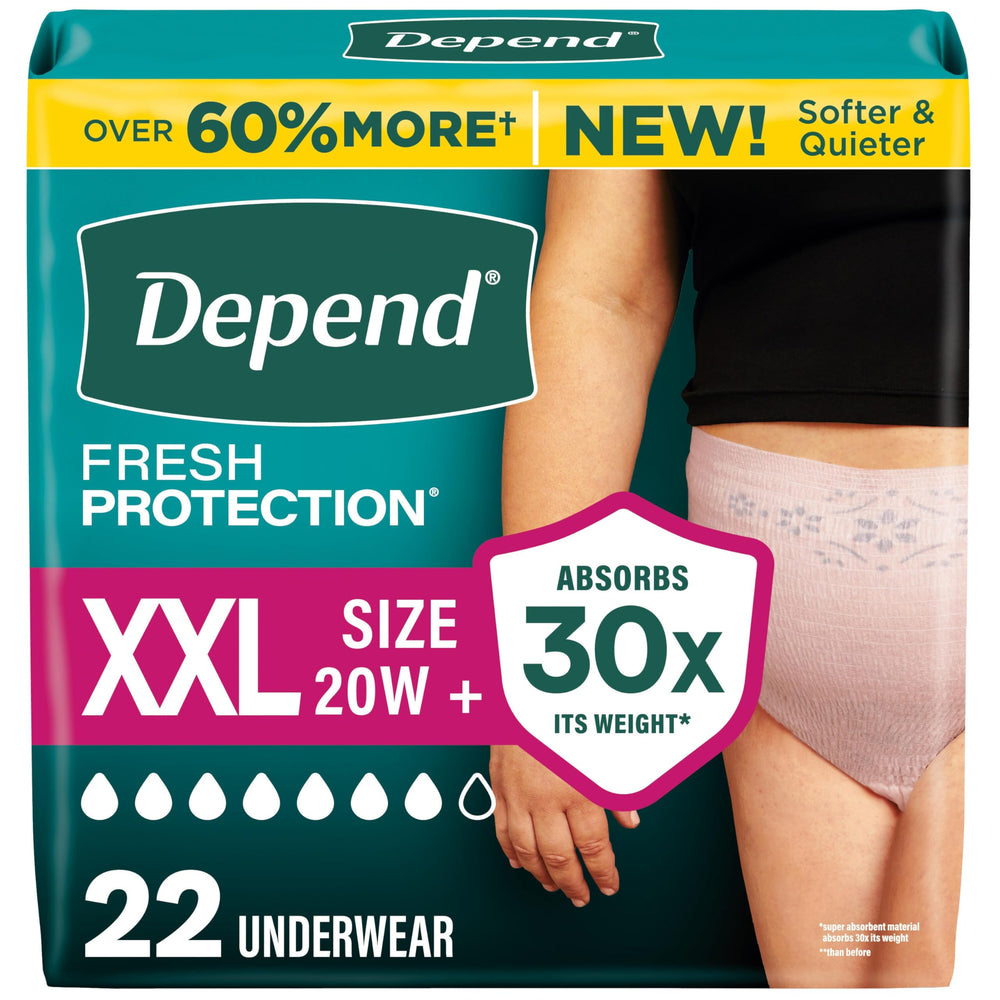 Depend front packaging XXL showing pack design and count for quick identification and convenience