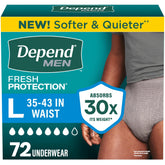 Depend frontal del empaque mostrando 72 unidades y protección discreta