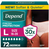 Depend vista frontal del paquete rosa mostrando 72 unidades y talla grande