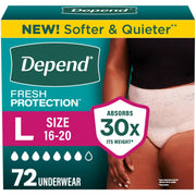 Depend vista frontal del paquete rosa mostrando 72 unidades y talla grande