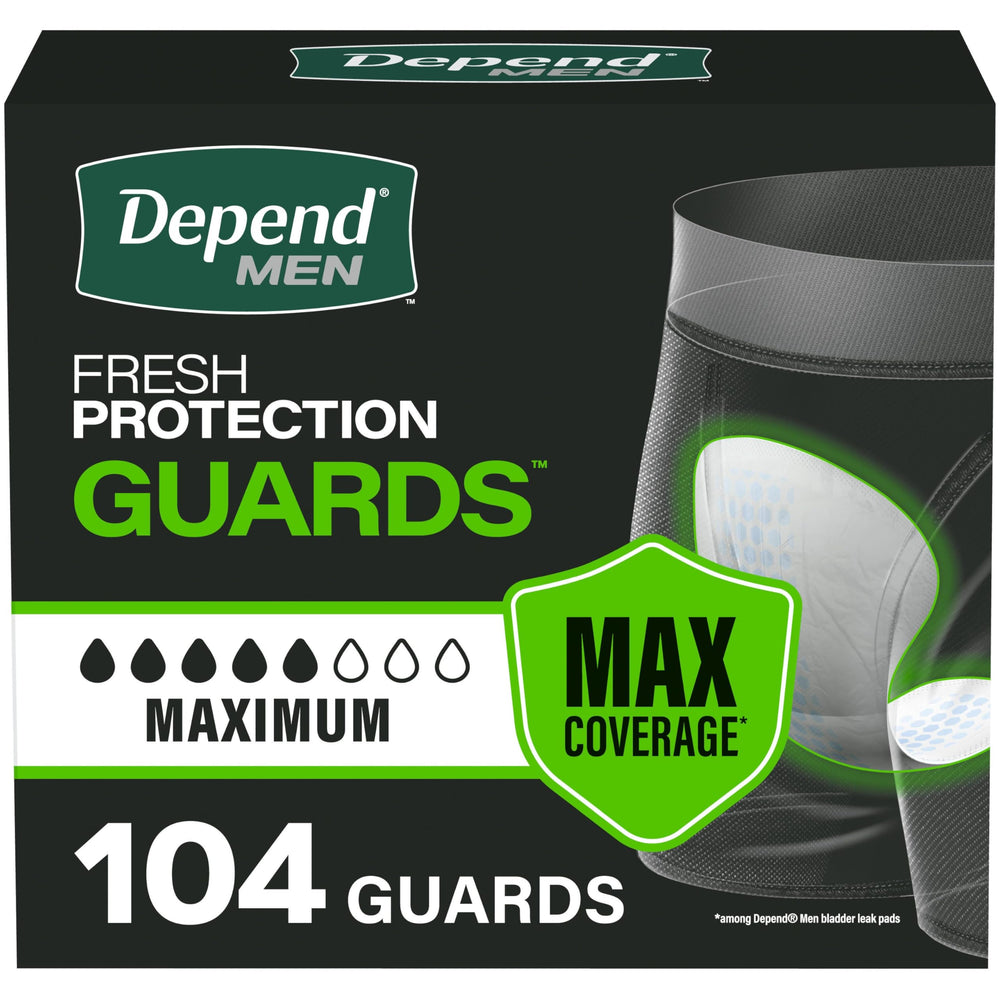 Depend empaque frontal con 104 guardas mostrando cantidad y discreción