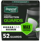 Depend empaque frontal mostrando 52 unidades y beneficios principales