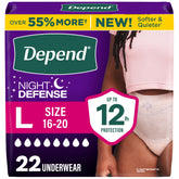 Depend embalaje frontal mostrando protección nocturna y cantidad