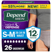 Depend empaque frontal mostrando 26 unidades y protección nocturna
