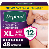 Depend Night Defense front packaging showing XL 48-count and benefits