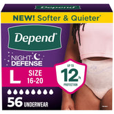 Depend front packaging showing 56-count and large size for overnight protection