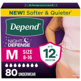 Depend front packaging showing 80-count and medium size, clear product info and benefit