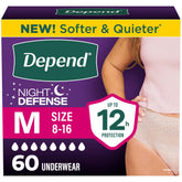 Depend night defense front packaging showing product and pack count, conveys convenience