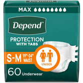 Depend paquete frontal mostrando 60 unidades y etiqueta de talla S/M, protección visible