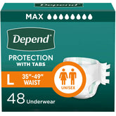 Depend front packaging showing large size and 48 count for discreet convenience