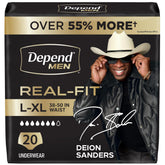 Depend empaque frontal mostrando 20 unidades y talla L/XL, comodidad visible