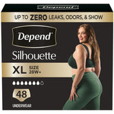 Depend silhouette front packaging showing count and size, highlights convenience