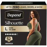 Depend silhouette front packaging showing product count and discreet benefit