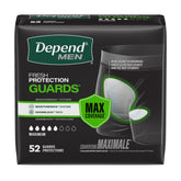 Depends front packaging showing single guard and discreet carry pouch benefit