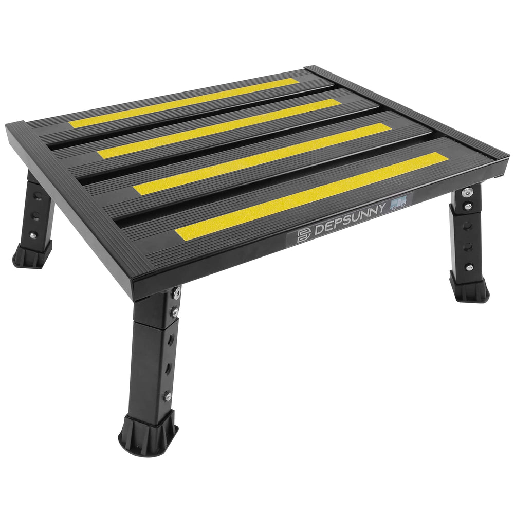 DEPSUNNY vista frontal del escalón con plataforma ancha y acabado negro, seguridad aumentada