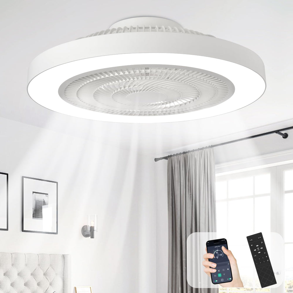 Depuley front view white enclosed ceiling fan showing safe bladeless design