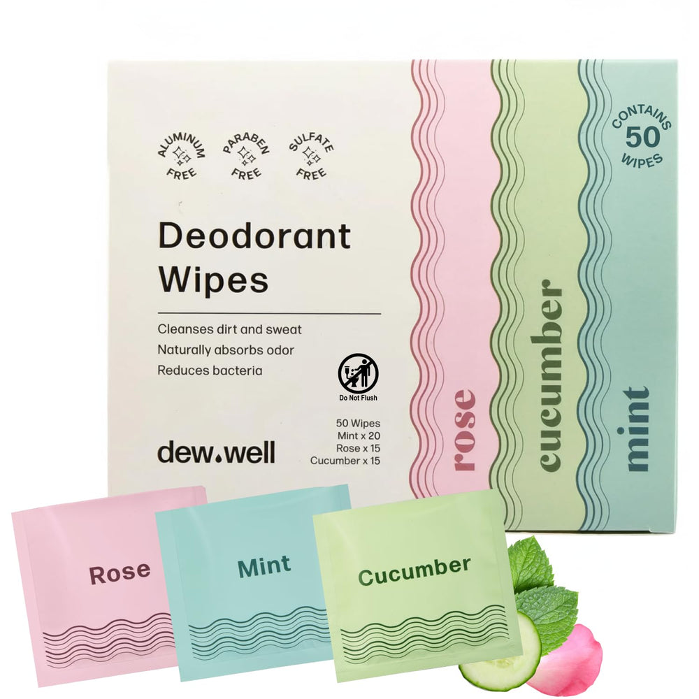 Dew Well paquete frontal mostrando 50 toallitas, portabilidad y conveniencia