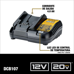 DEWALT DCB107 close-up del LED diagnóstico indicando estado de batería
