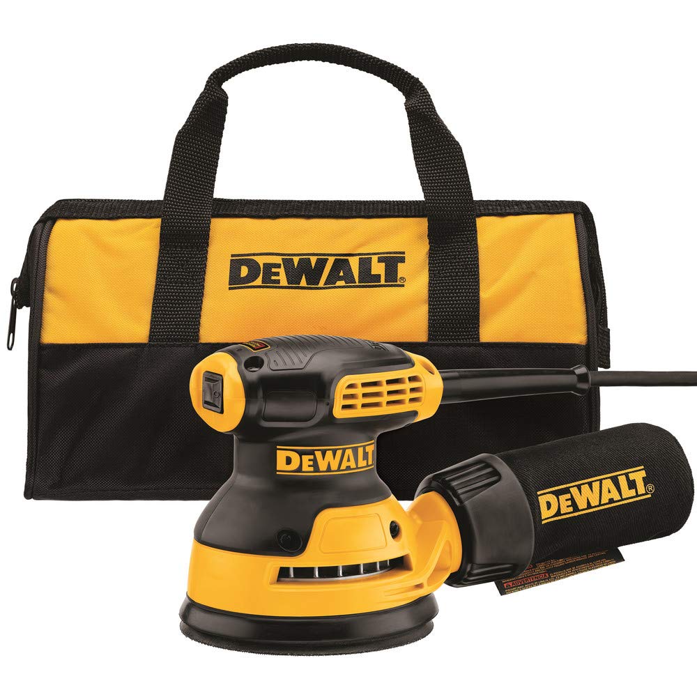 DEWALT lijadora orbital frontal mostrando el plato de 5 pulgadas y su empuñadura cómoda