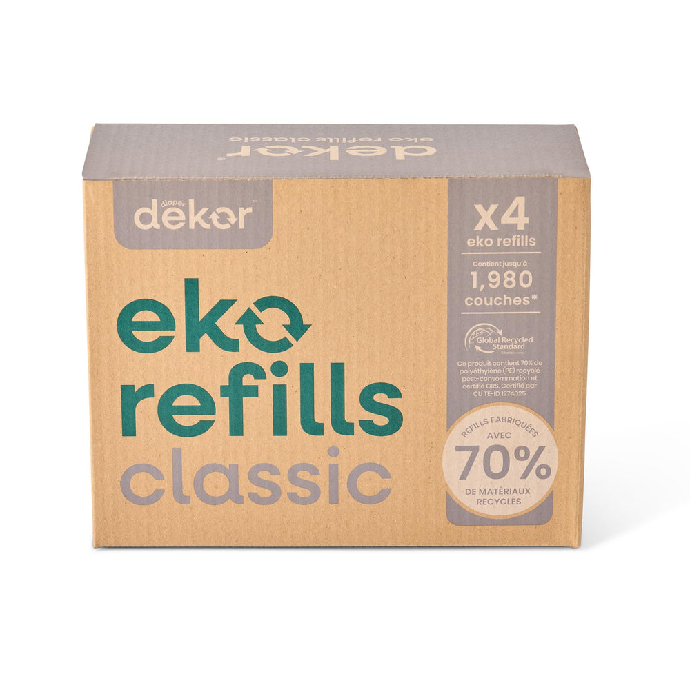 Diaper Dekor front packaging showing four unscented refill rolls and brand benefits