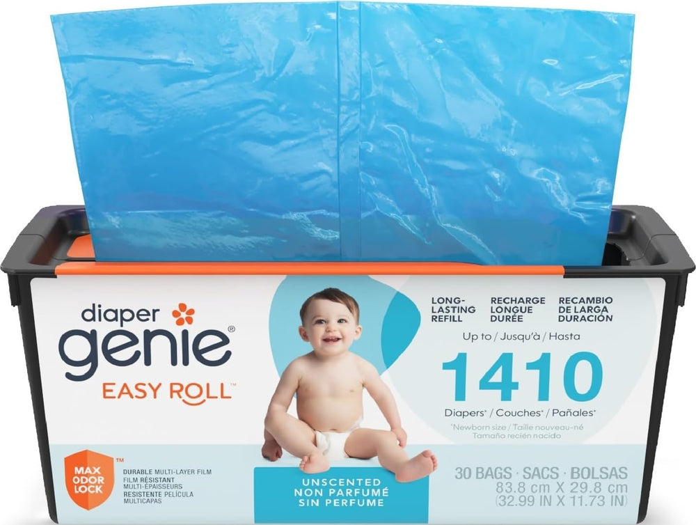Diaper Genie vista frontal del rollo mostrando 30 bolsas y beneficio de discreción