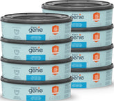 Diaper Genie front packaging showing eight refill rolls and brand benefit