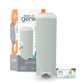 Diaper Genie front view in sage green showing sleek stainless finish and compact design