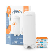 Diaper Genie vista frontal mostrando diseño compacto y control de olores