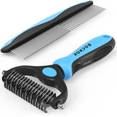 Docrok cepillo frontal mostrando diseño azul y beneficios de desshedding