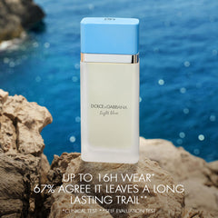 Dolce&Gabbana Light Blue botella en mano mostrando tamaño portátil y uso cómodo