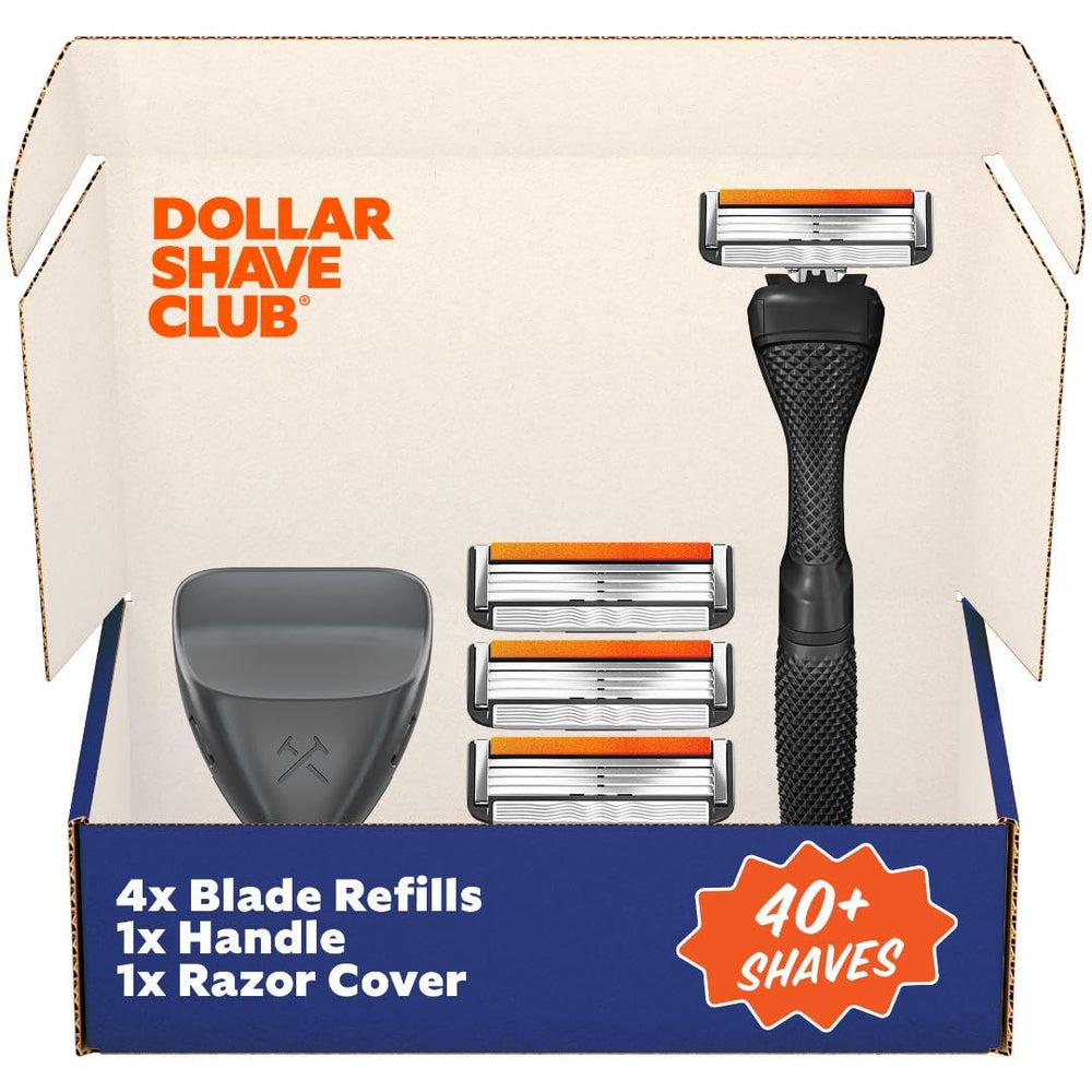 Dollar Shave Club vista frontal del paquete, práctico para viaje y compostura