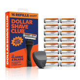 Dollar Shave Club imagen frontal del set mostrando recambios y mango, conveniencia de inicio