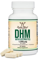 Double Wood DHM bottle front view showing label and tablet count, clear product identity and benefit