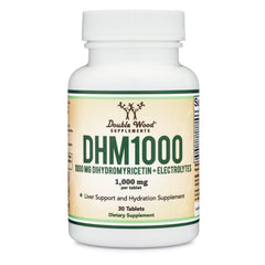 Double Wood DHM bottle on a kitchen counter beside water glass, showing recovery routine support