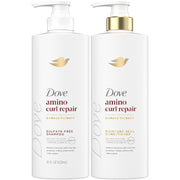 Dove frente del empaque del set Amino Curl Repair mostrando botellas y beneficios