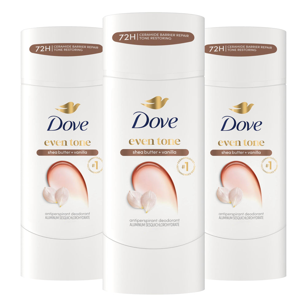 Dove Even Tone frontal del paquete mostrando las tres barras y beneficio hidratante