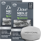 Dove Men+Care front packaging showing 2-pack box of 12 bars for convenient replenishment
