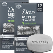 Dove Men+Care front packaging showing 2-pack box of 12 bars for convenient replenishment