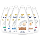 Dove pack surtido frontal mostrando seis botellas, fácil identificación de variantes y conveniencia