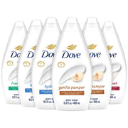 Dove pack surtido frontal mostrando seis botellas, fácil identificación de variantes y conveniencia