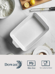 DOWAN handle detail showing secure double-hand grip for safer oven-to-table transfer