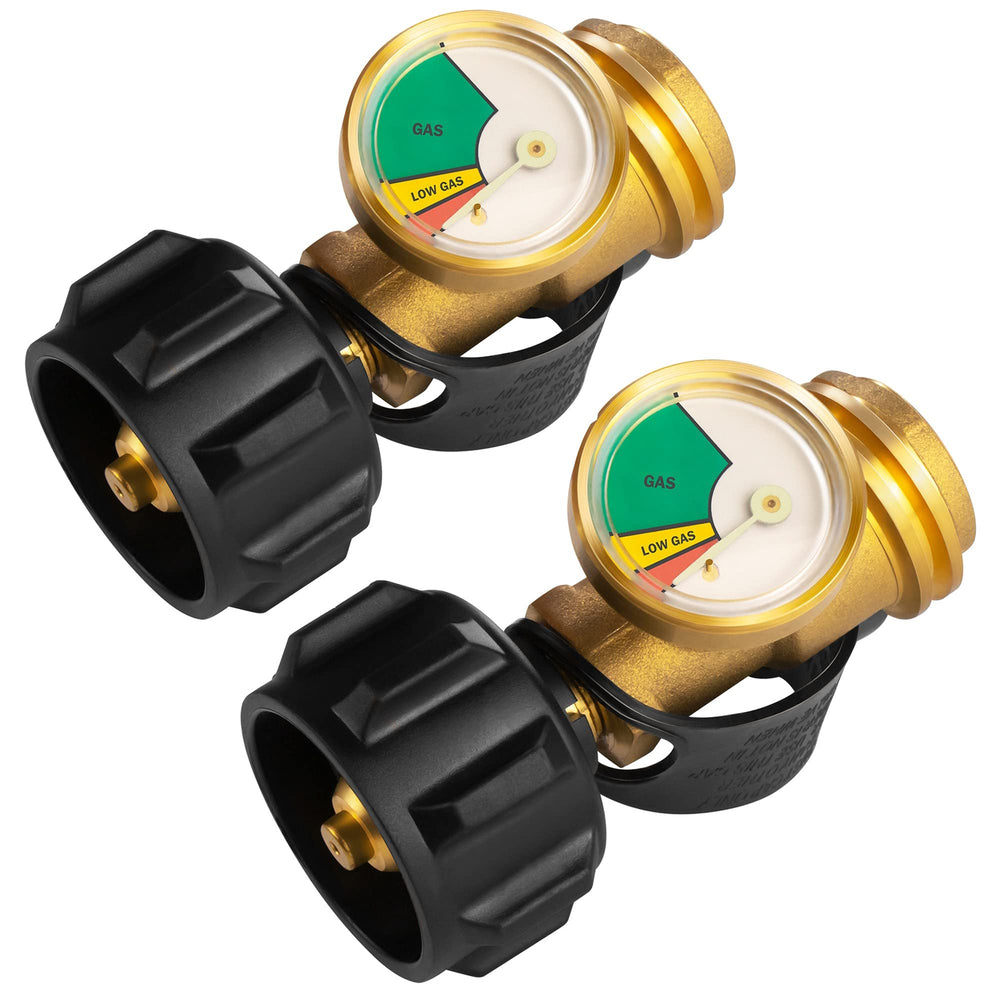 DOZYANT front view of two propane tank gauges showing compact design and clear labeling for easy installation