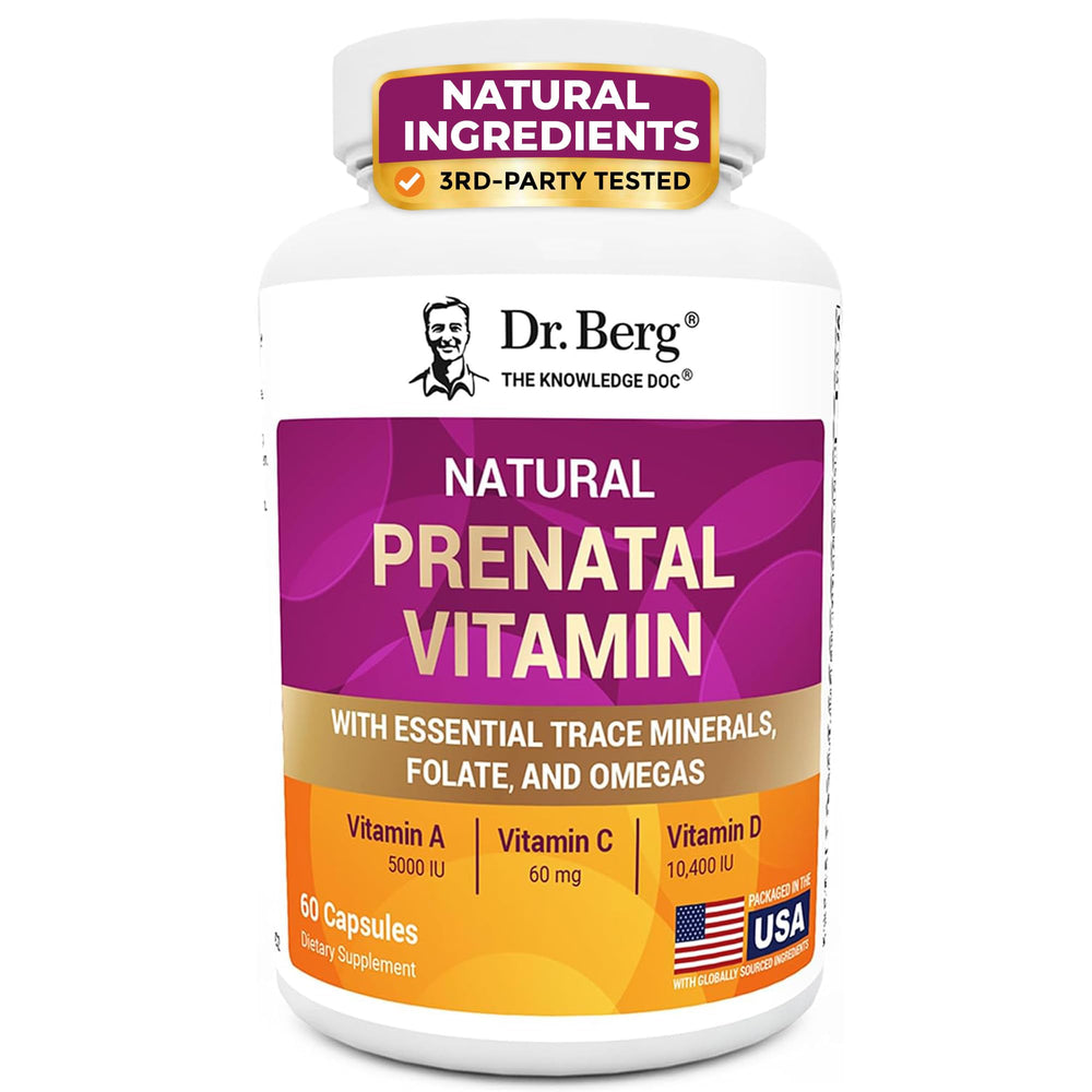 Dr. Berg botella frontal del multivitamínico prenatal mostrando etiqueta clara y beneficios