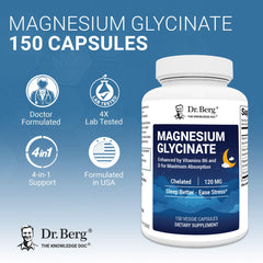 Close-up of Dr. Berg magnesium glycinate capsules, showing texture and shine