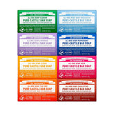 Dr. Bronner's pack frente mostrando ocho barras y beneficios sostenibles